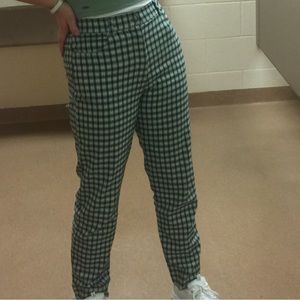 Plaid blue, teal, and white Hollister pants.